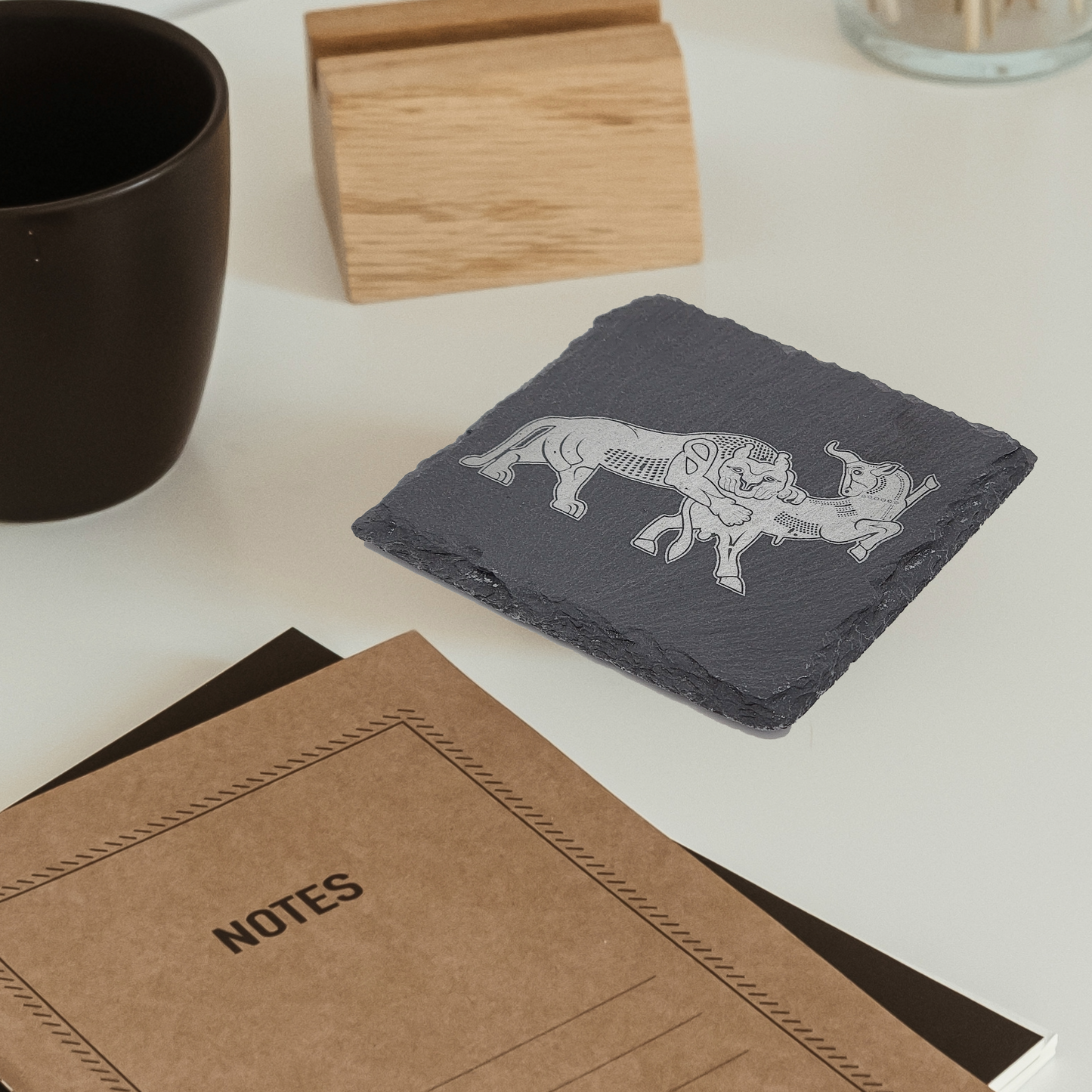 Engraved Square Slate Coaster-Lion and Bull