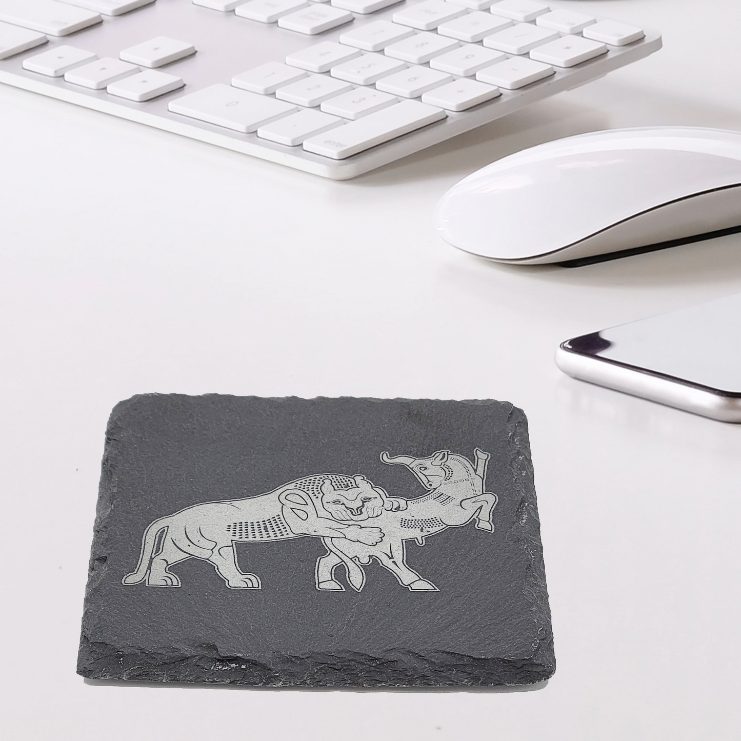 Engraved Square Slate Coaster-Lion and Bull